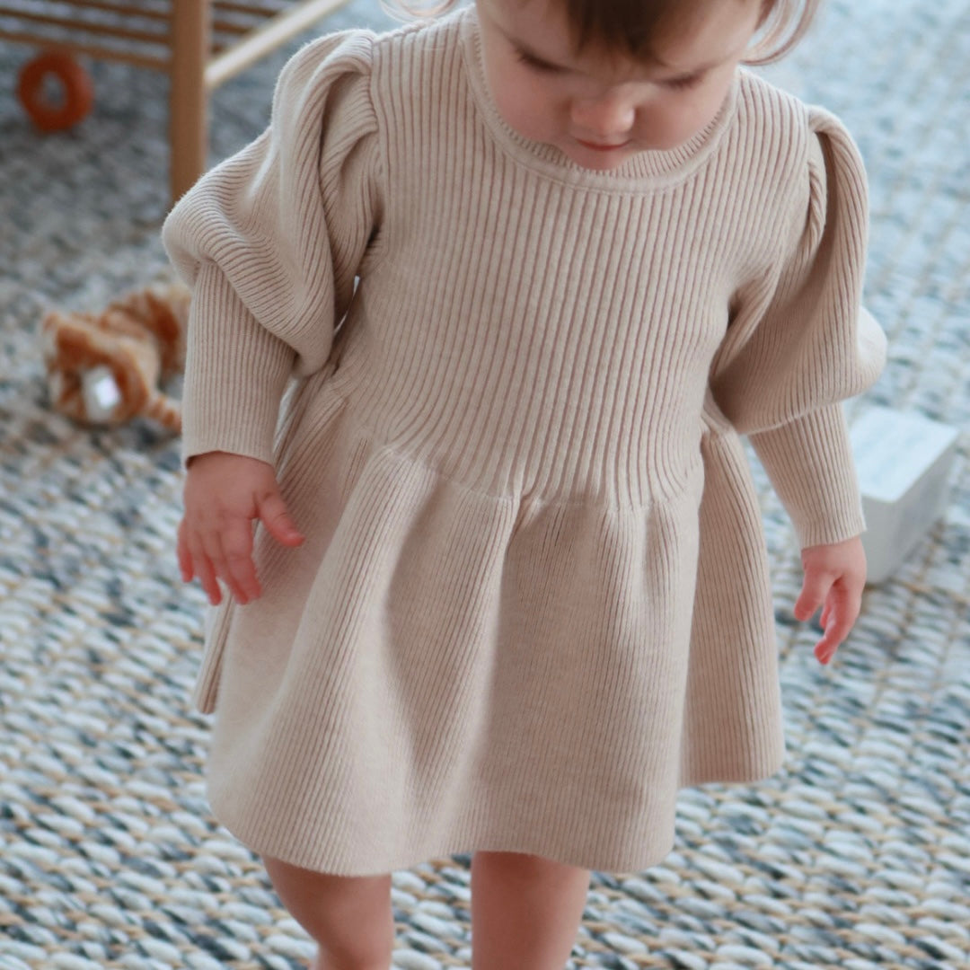 Puff Sleeve Knit Sweater Dress in Beige The Neutral Newborn Puff Sleeve Knit Sweater Dress in Beige The Neutral Newborn