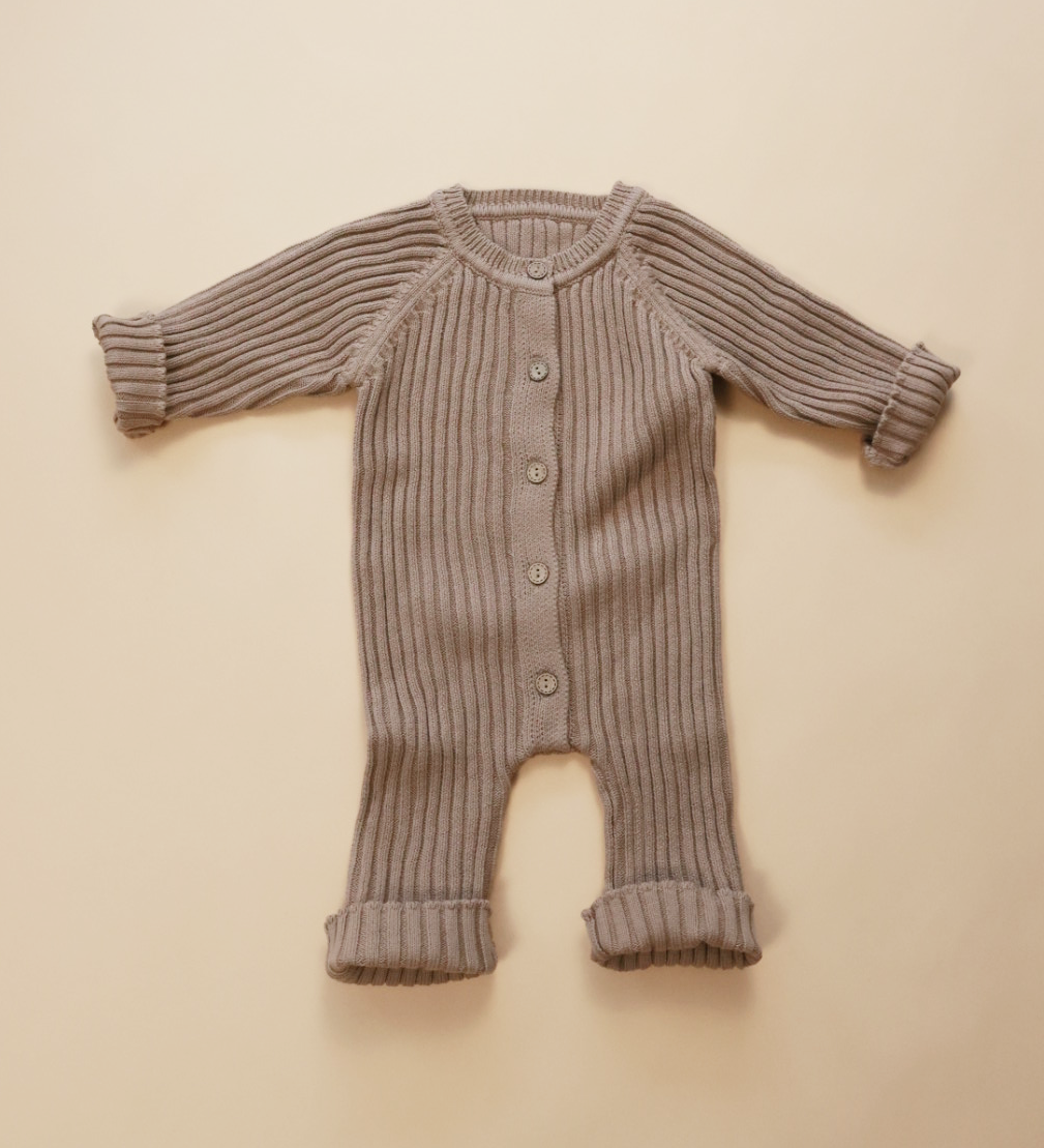Ribbed Knit Button Up Romper in Beige