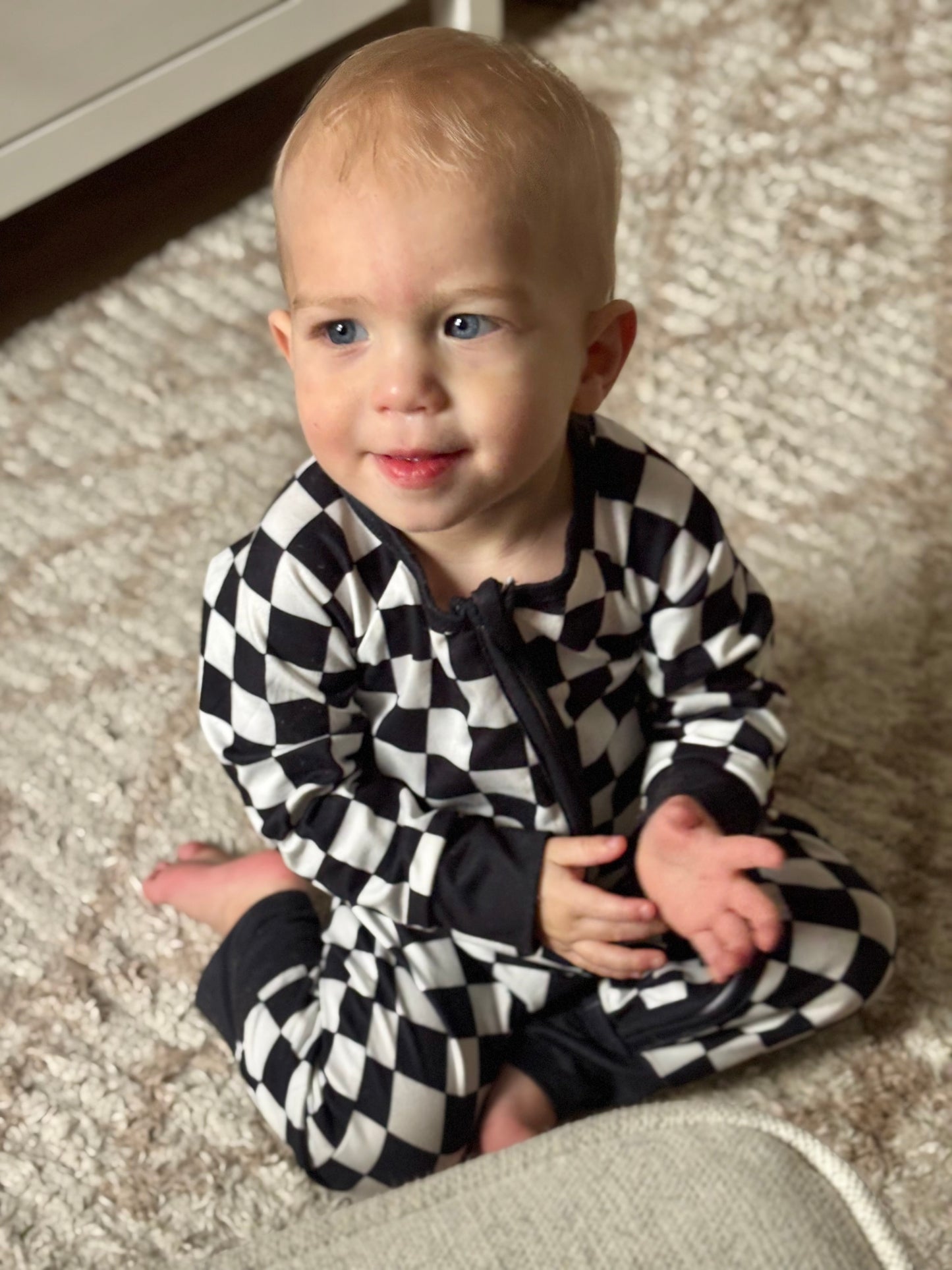 Checkered Zippered Onesie in Black