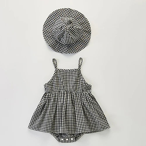 Plaid Summer Tank Dress Sun Hat Set in Black