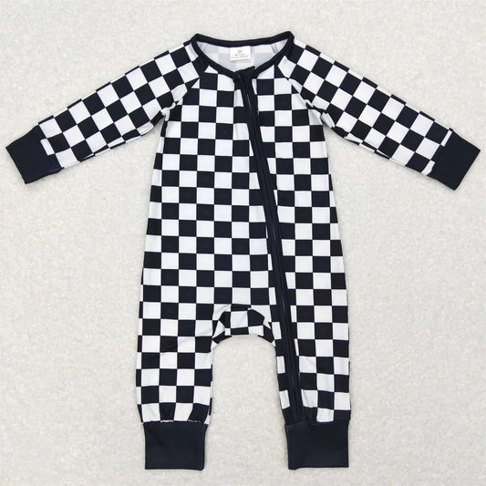 Checkered Zippered Onesie in Black
