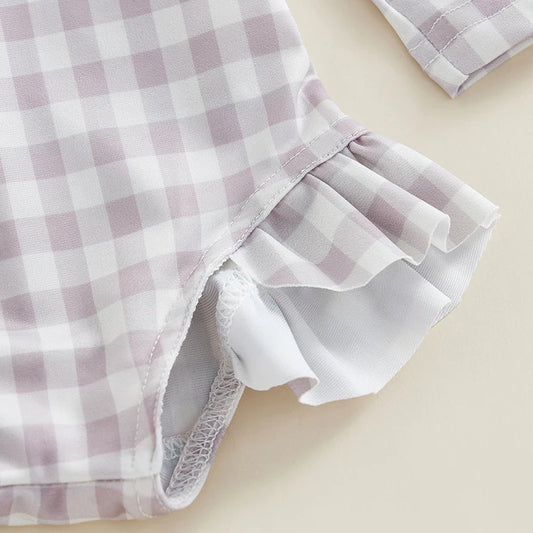 Lavender Plaid Girls One-Piece Ruffle Swimsuit