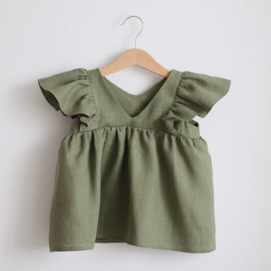 Cotton Linen Flutter Sleeve Dress in Moss