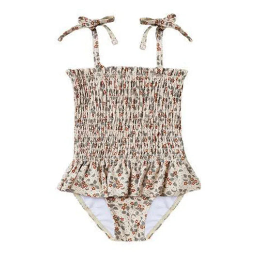 Girls Bow Strap Mini Floral Shirred Swimsuit