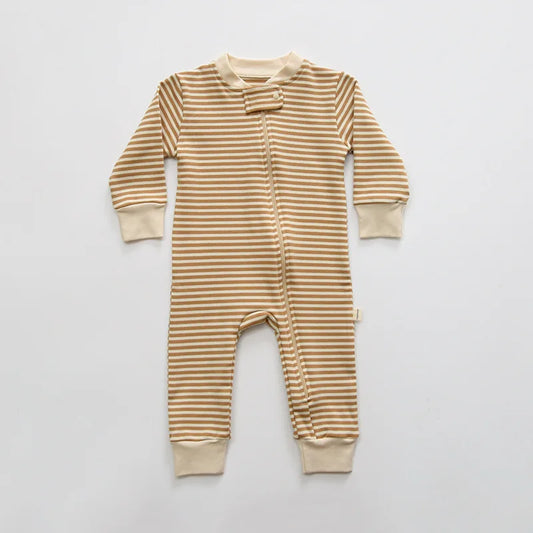 Beige Striped Cotton Zippered Onesie