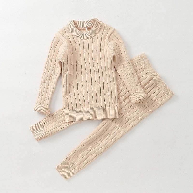 2 Piece Long Sleeve & Pant Set Cable Knit Loungeset Matching