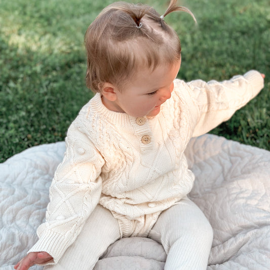 Cable Knit Button Romper in White