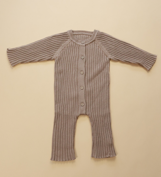 Ribbed Knit Button Up Romper in Beige