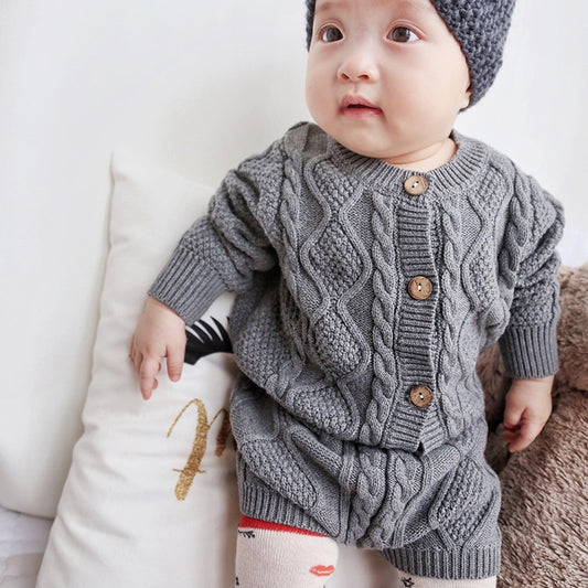 Cable Knit Sweater Cardigan & Shorts Set - Grey