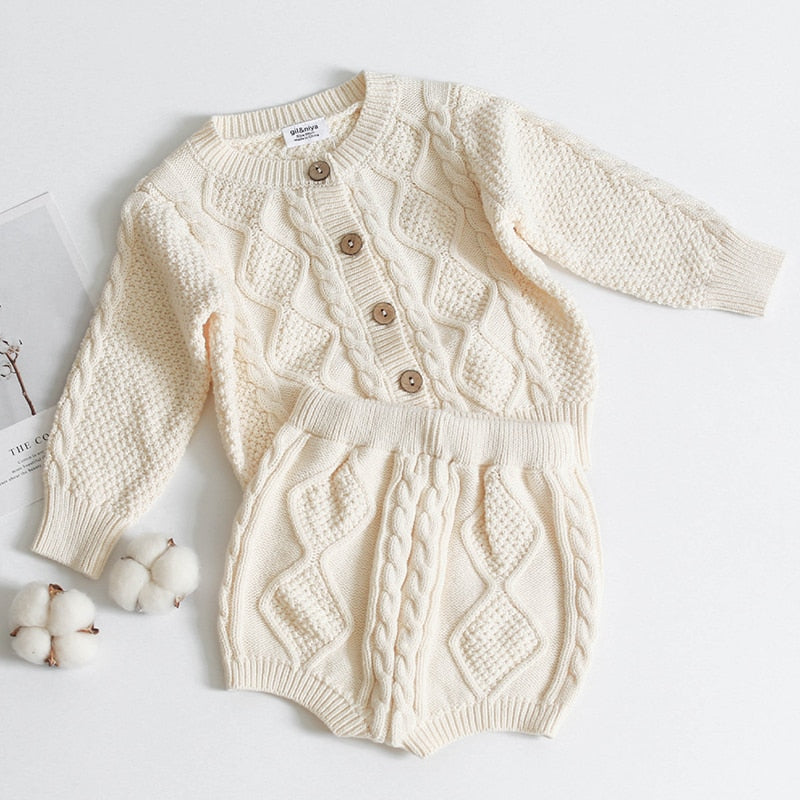 Cable Knit Sweater Cardigan + Shorts - Cream