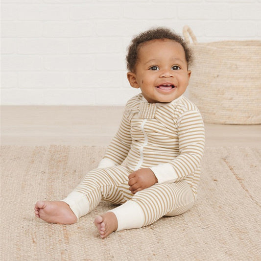 Beige Striped Cotton Zippered Onesie