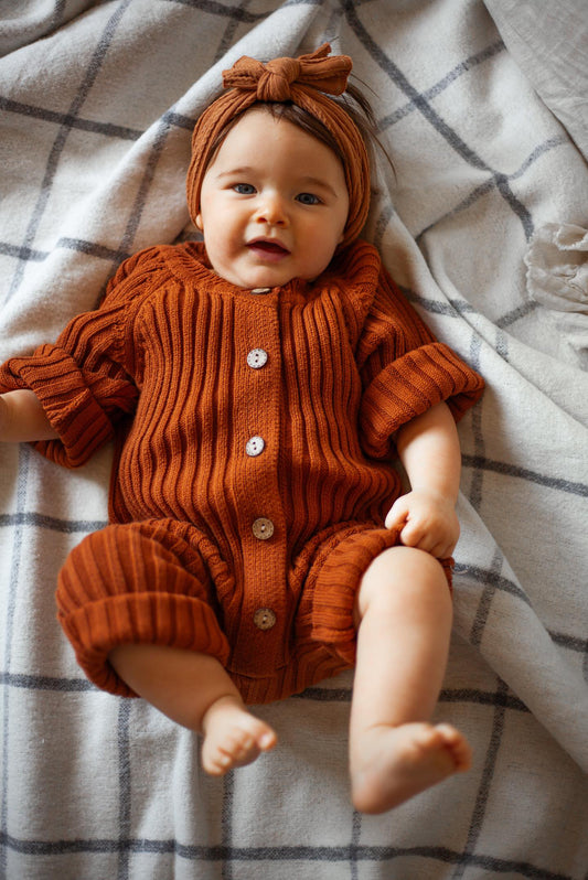 Ribbed Knit Button Up Romper in Amber