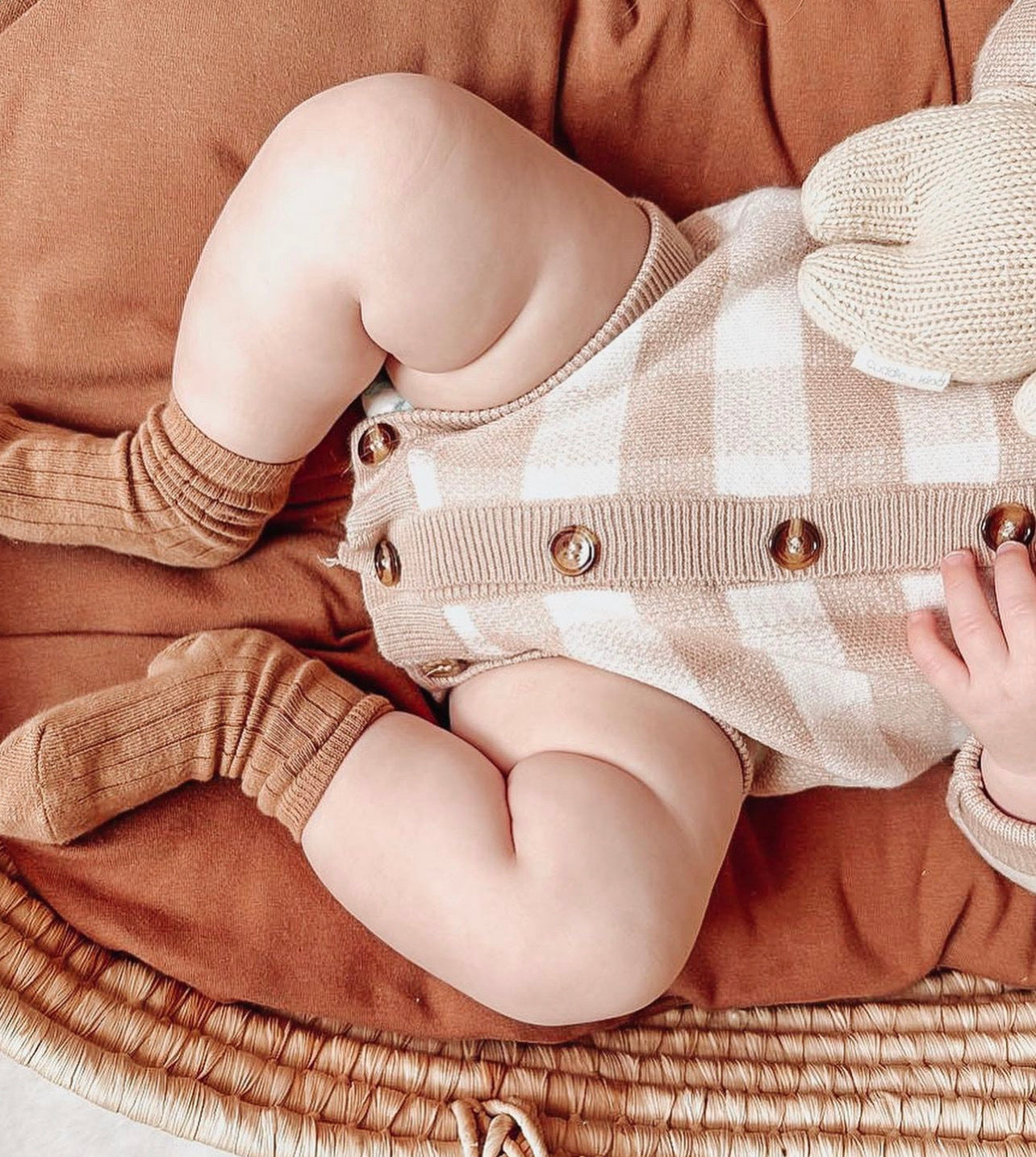 Plaid Knit Button Up Romper in Beige