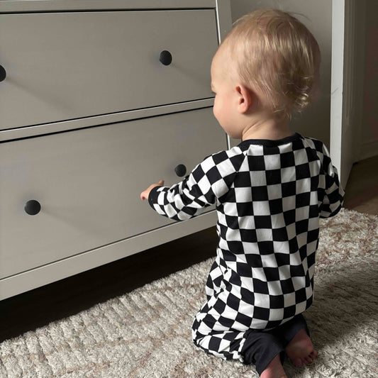 Checkered Zippered Onesie in Black