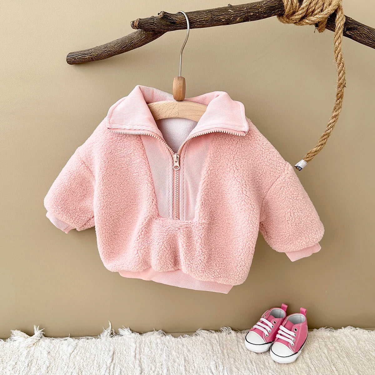 Sherpa & Corduroy 1/4 Zip Pullover Sweater - Pink