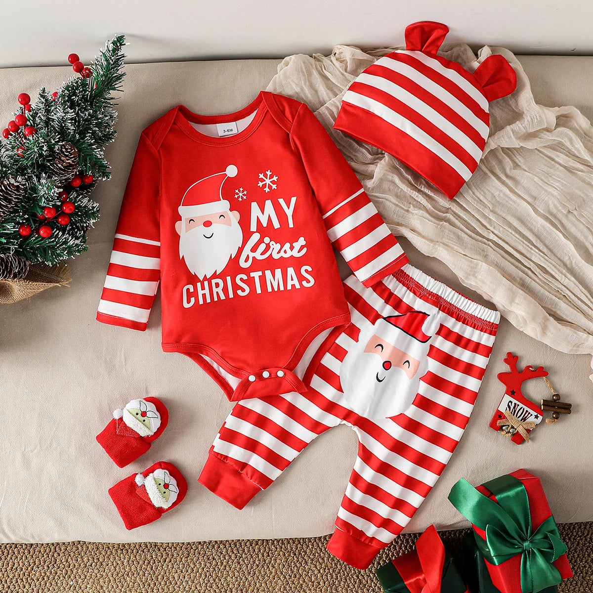 3Pcs My First Christmas Long Sleeve Baby Boys Girl Clothes Sets