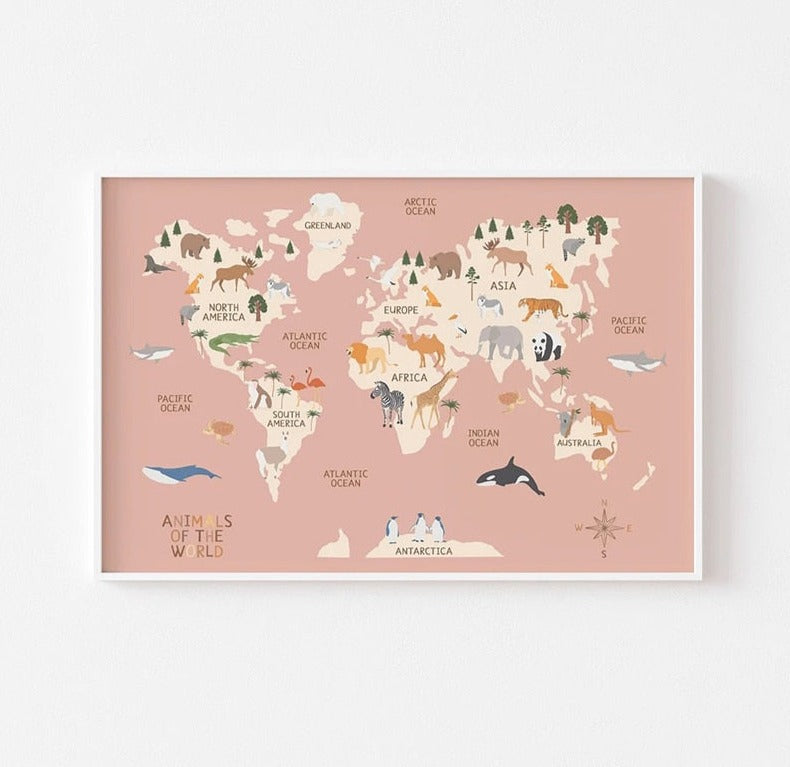 World Map on Canvas - Illustrated Animals