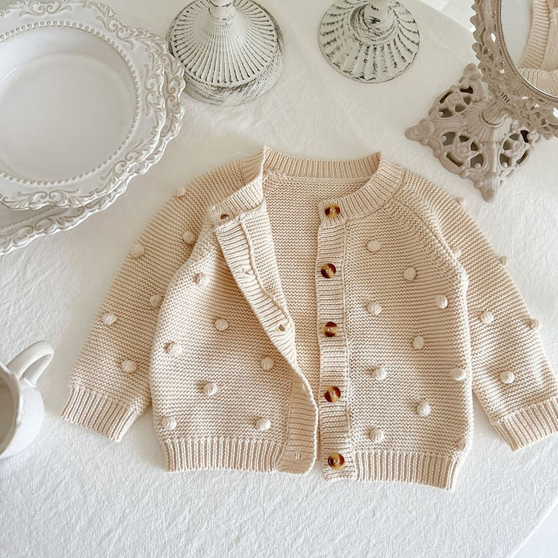 Pom Button Up Cardigan in Oat