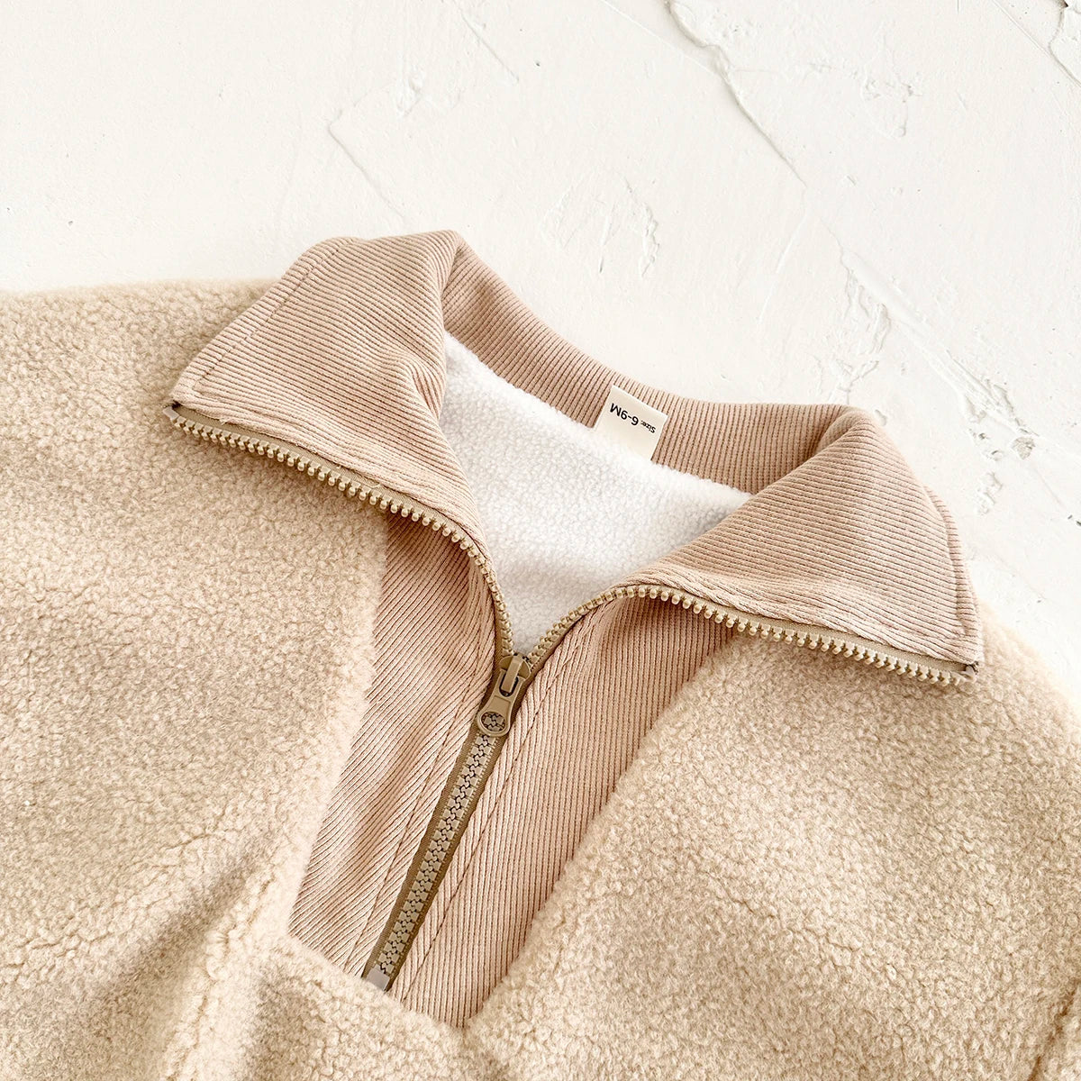 Sherpa & Corduroy 1/4 Zip Pullover Sweater - Beige