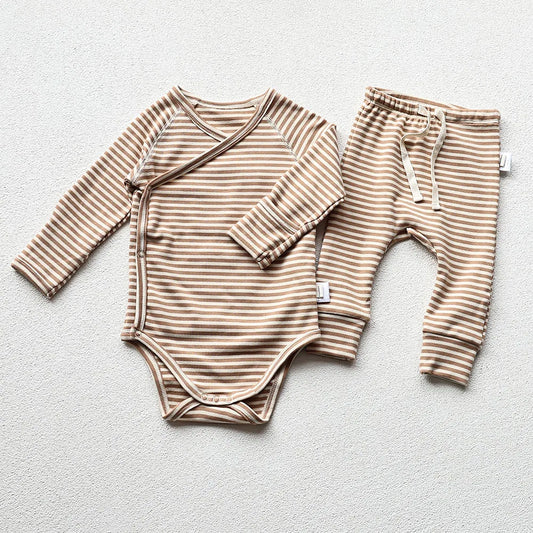 Basic Long Sleeve Onesie & Pants - Brown Stripes