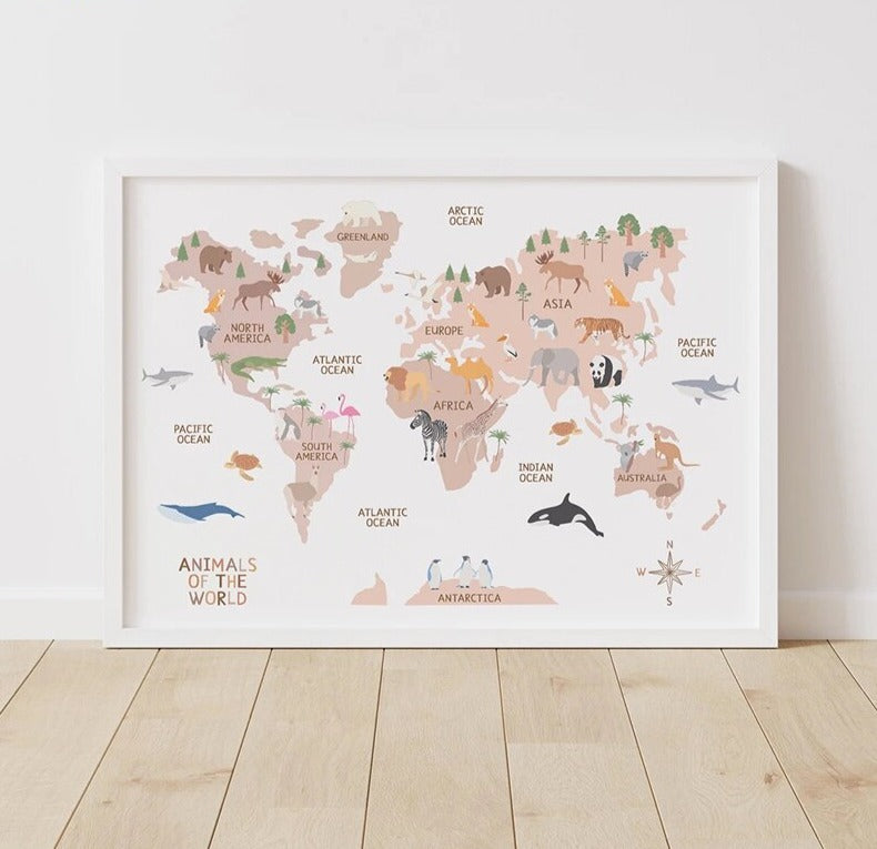 World Map on Canvas - Illustrated Animals