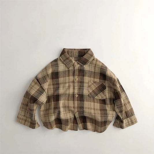 Plaid Button Up Collard Shirt - Brown