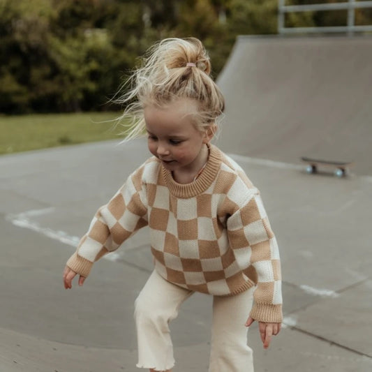 Knit Checkered Sweater in Tan