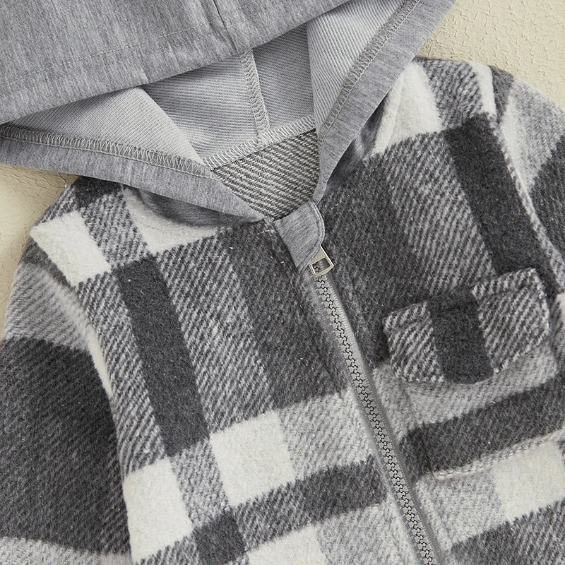 Grey Plaid Hooded Zip Up Sweater Jacket