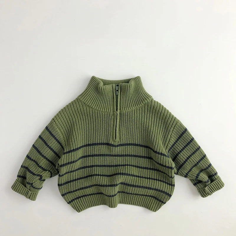 Ribbed Knit 1/4 Zip Striped Sweater