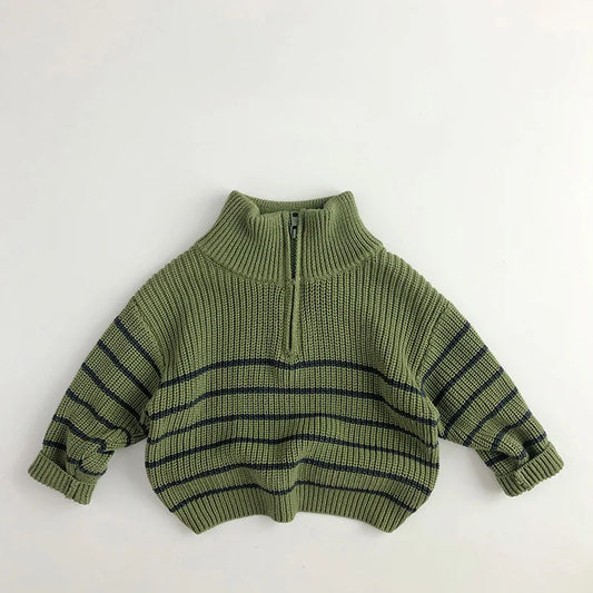 Ribbed Knit 1/4 Zip Striped Sweater