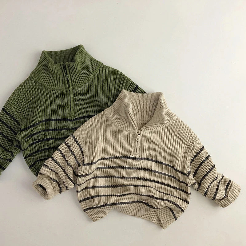 Ribbed Knit 1/4 Zip Striped Sweater