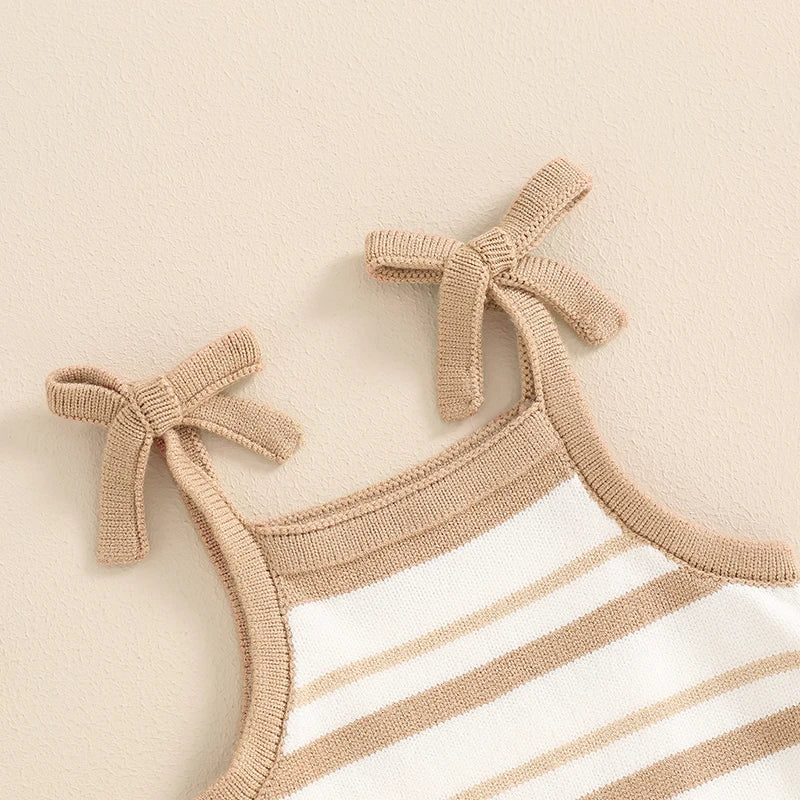 Sleeveless Bow Strap Ruffle Striped Romper