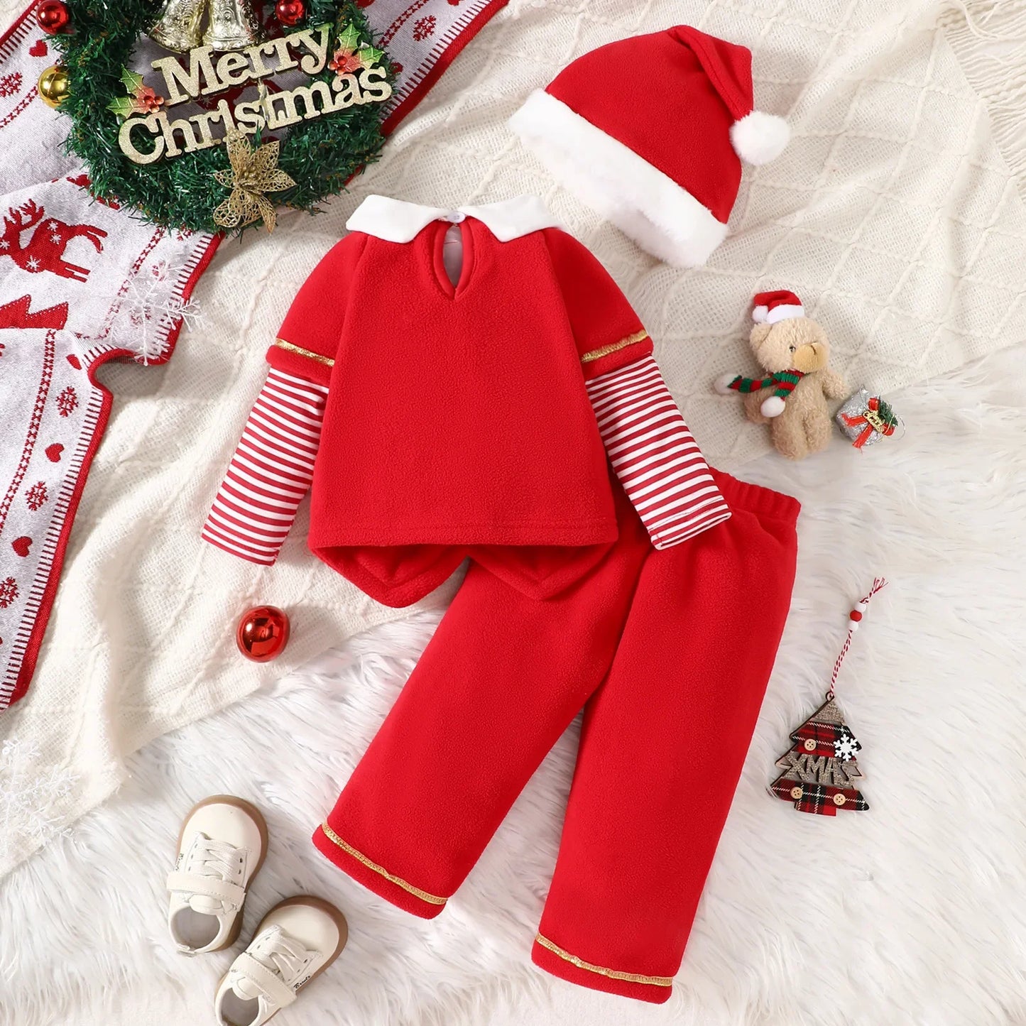 Christmas Baby Newborn Santa Costume 3Pcs Sets 0-4Y Baby Girl Boy