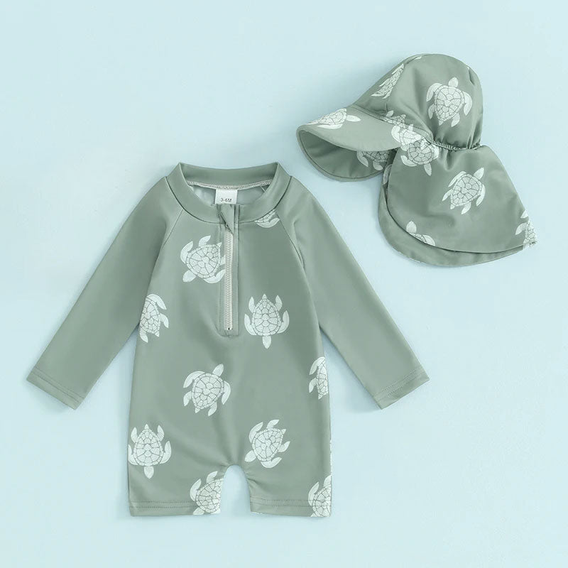 Turtle Print Front Zip One-Piece Rashguard Swimsuit & Hat Set