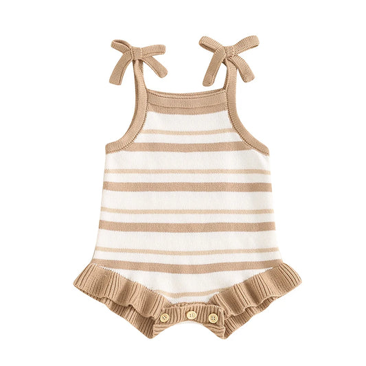 Sleeveless Bow Strap Ruffle Striped Romper