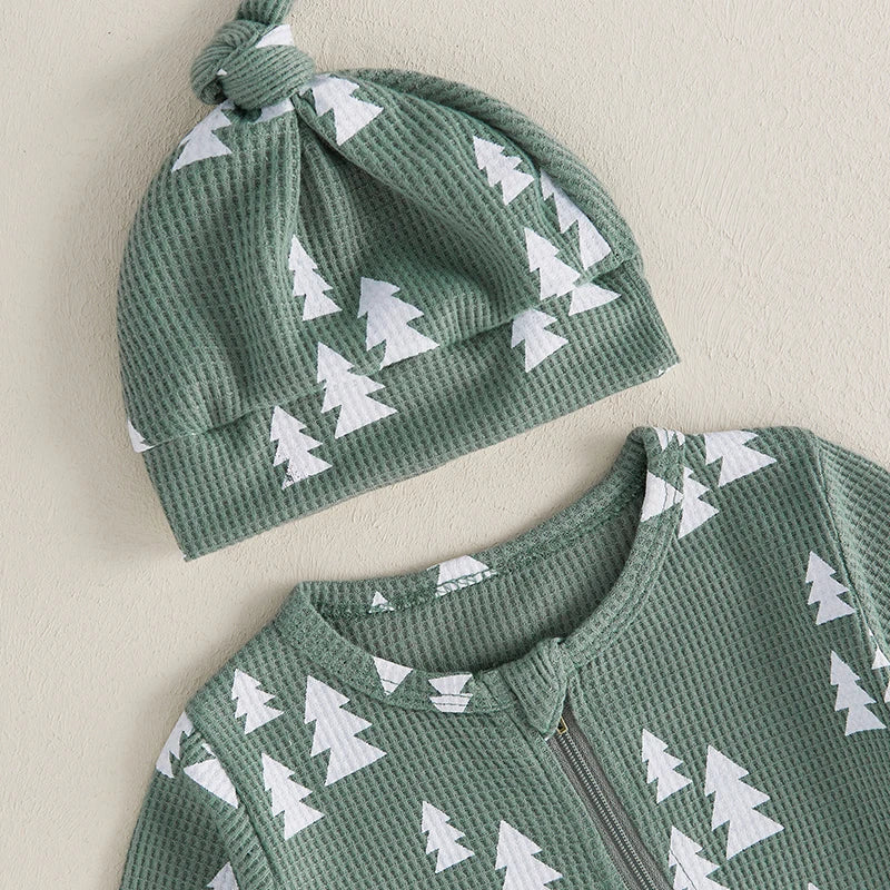 Tree Print Waffle Zippered Onesie & Hat Set