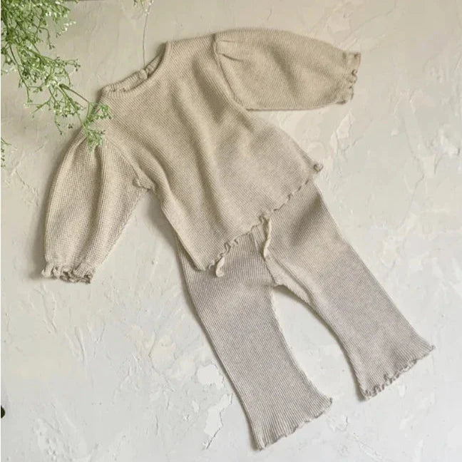 Waffle Knit Puff Sleeve Shirt Flared Pants