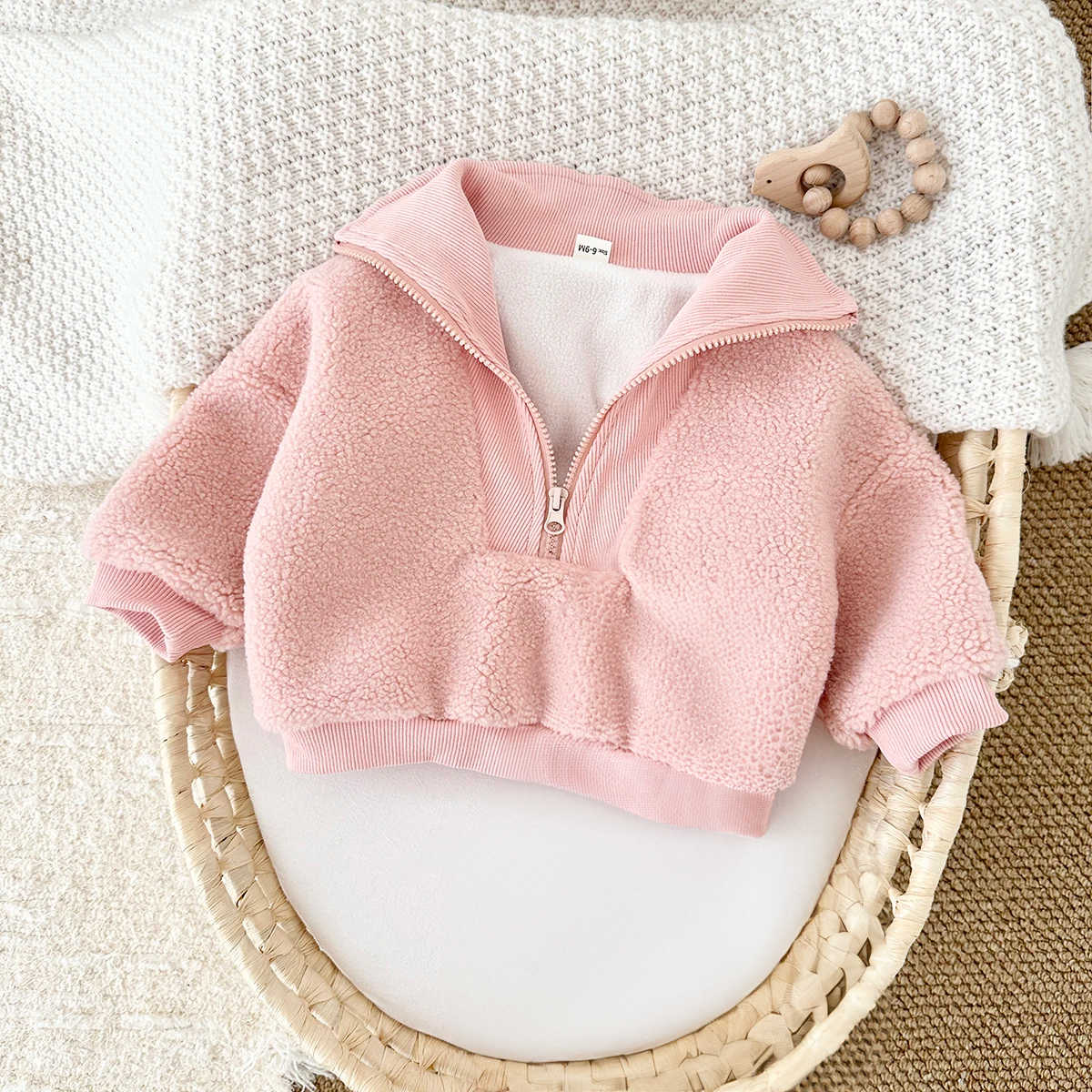 Sherpa & Corduroy 1/4 Zip Pullover Sweater - Pink