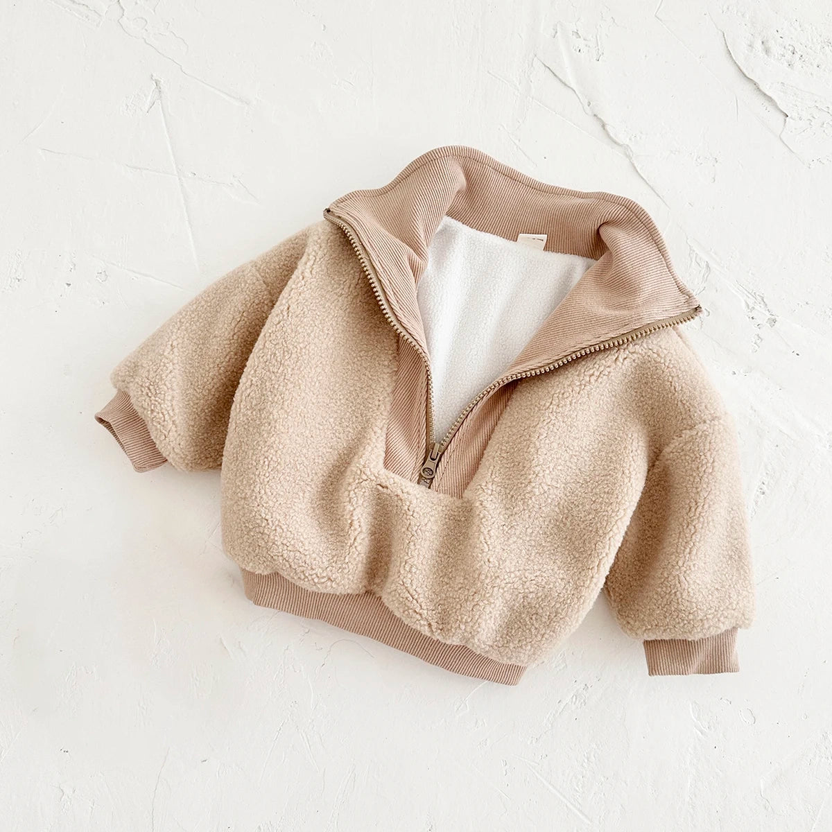 Sherpa & Corduroy 1/4 Zip Pullover Sweater - Beige