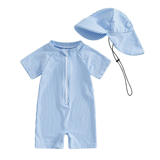 Hamptons Striped Zip-up Swimsuit Sun Hat Set