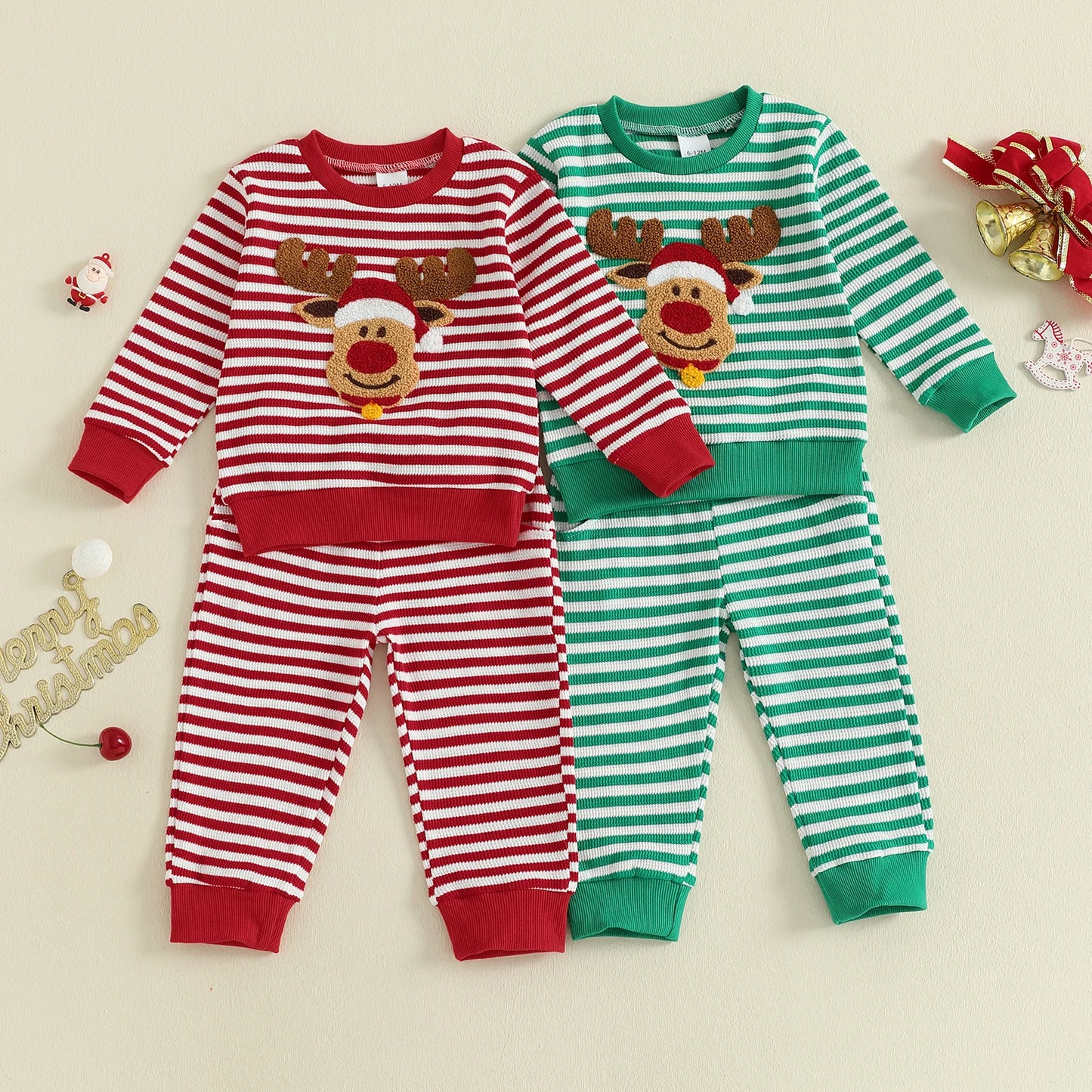 Christmas Reindeer Striped Baby Pajama Set