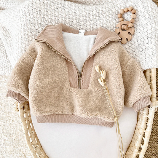 Sherpa & Corduroy 1/4 Zip Pullover Sweater - Beige