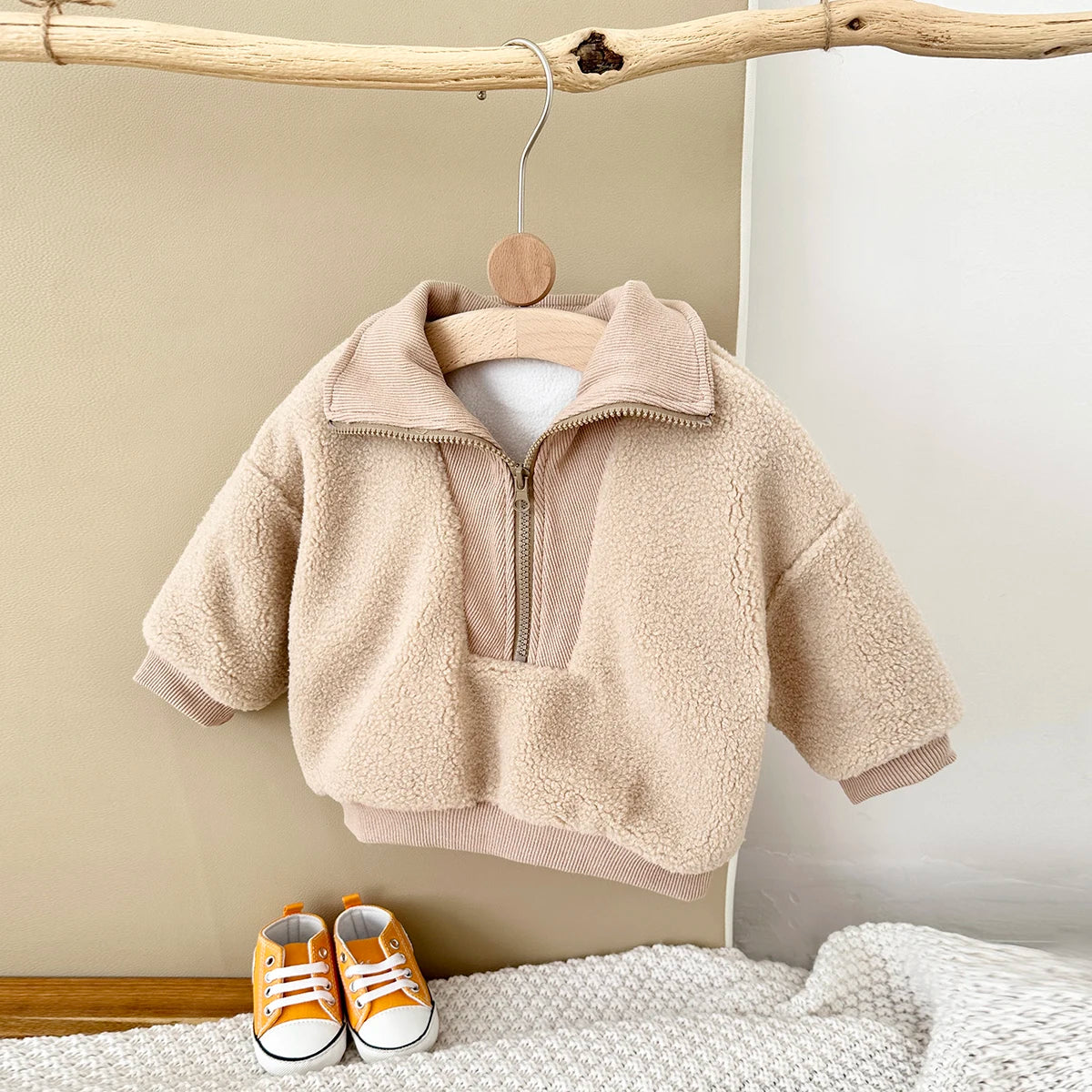 Sherpa & Corduroy 1/4 Zip Pullover Sweater - Beige