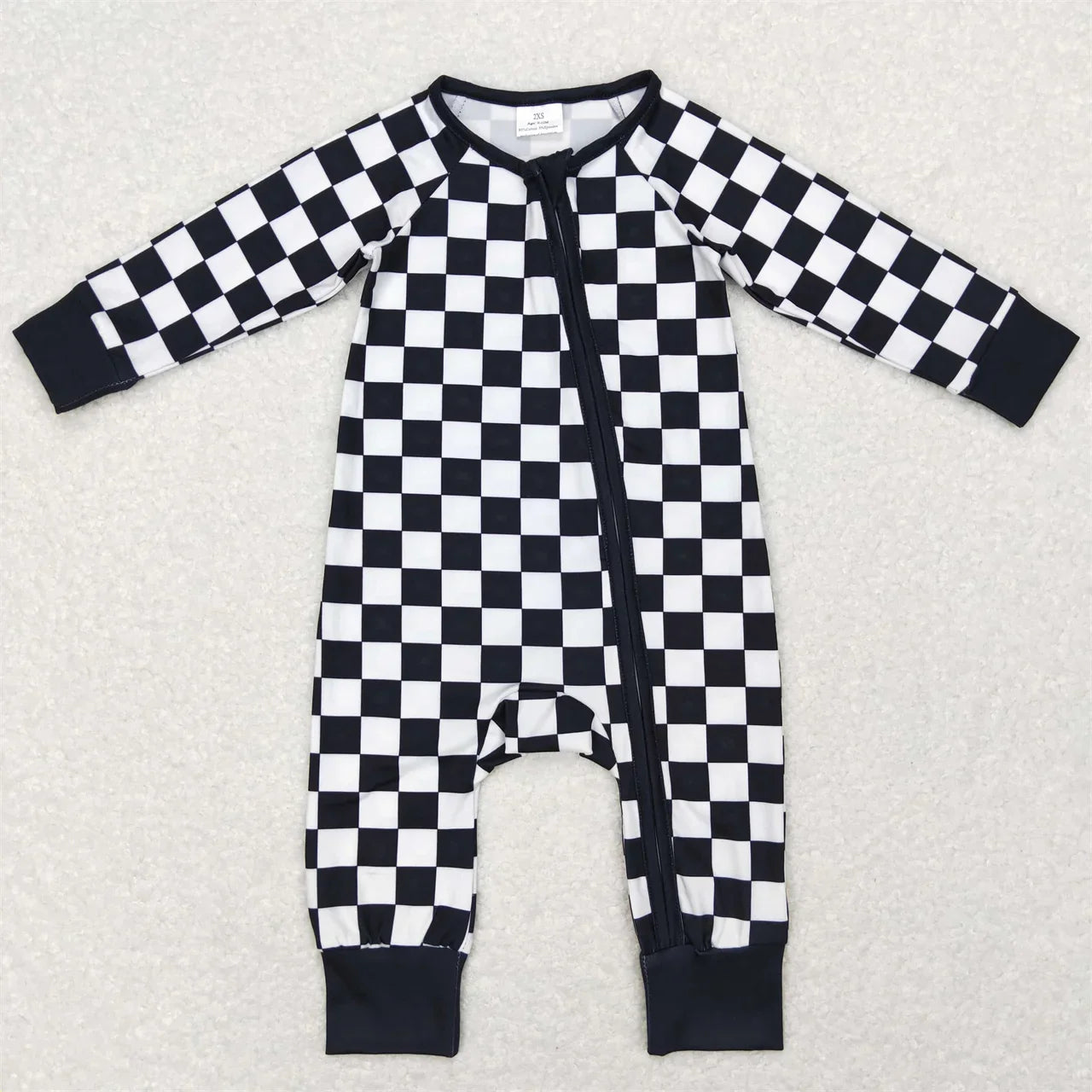 Checkered Zippered Onesie in Black