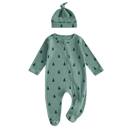 Balsam Tree Print Waffle Zippered Onesie & Hat Set