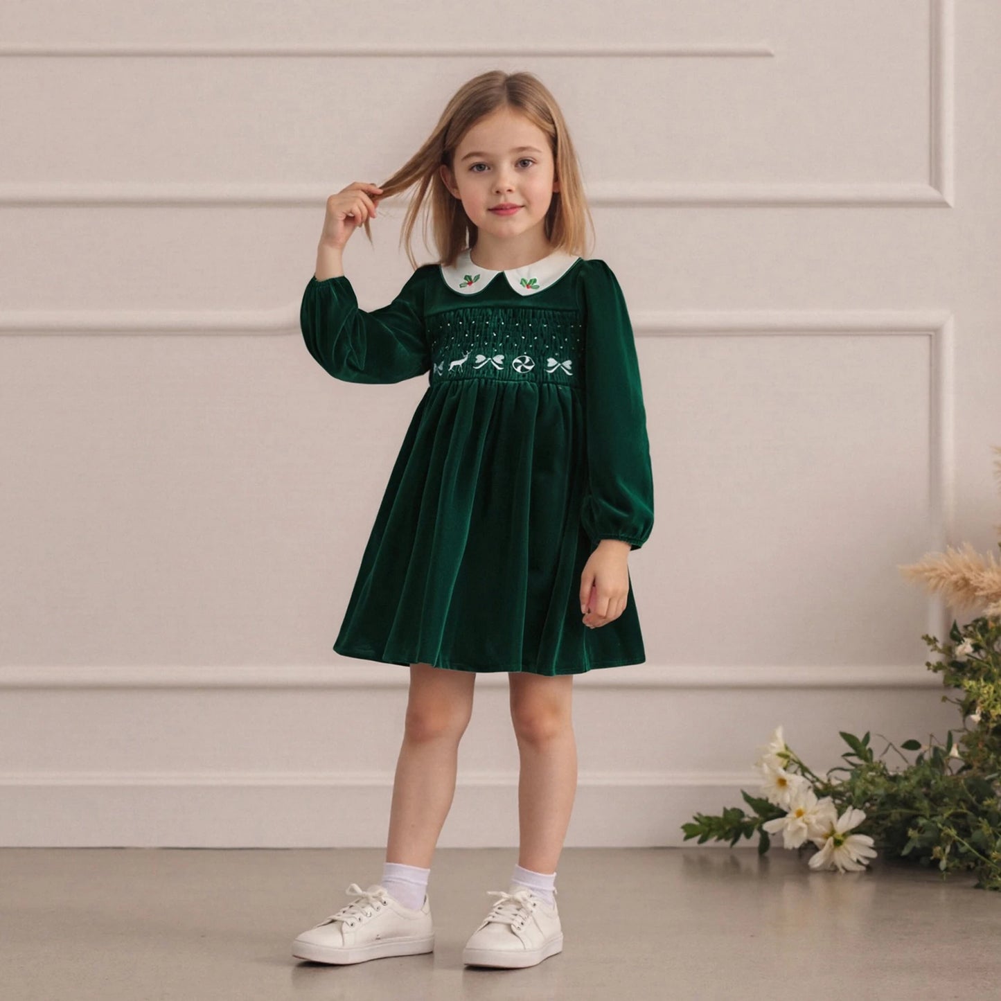 VelvetHolly Girls Christmas Velvet Dress with Embroidery