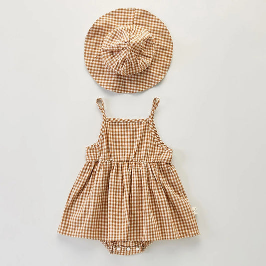 Plaid Summer Tank Dress & Sun Hat Set in Tan