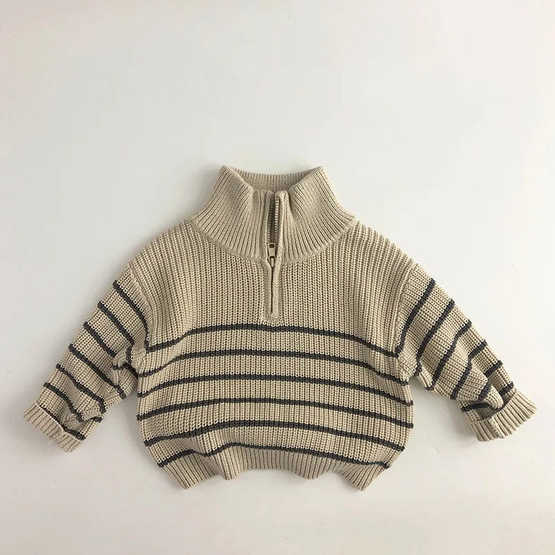 Ribbed Knit 1/4 Zip Striped Sweater