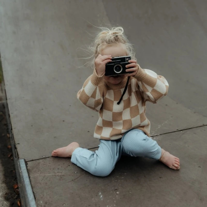 Knit Checkered Sweater in Tan