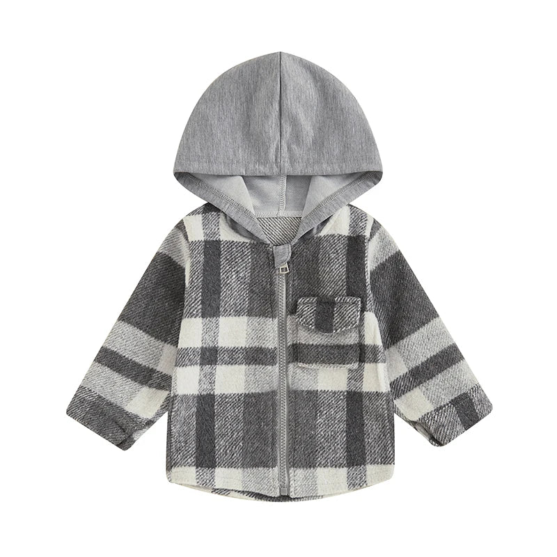 Grey Plaid Hooded Zip Up Sweater Jacket